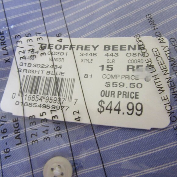 GEOFFREY BEENE Men's Blue Stripe Long Sleeve No Iron Size 15 32/33 Shirt - Picture 3 of 3